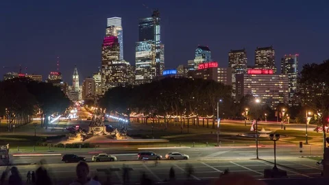 Wide night timelapse of downtown philadelphia from the art museum rocky steps Stock Footage