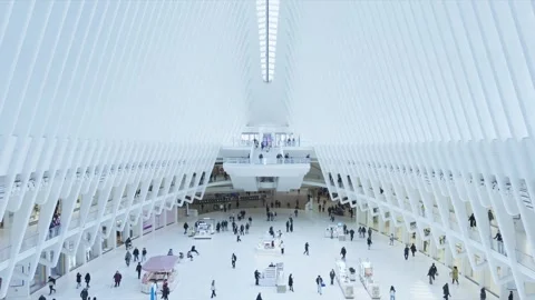 Wide Oculus Transit Hall Beneath Ribbed White Ceiling Stock Footage 335388115