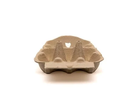 Wide open empty egg box for six eggs, isolated on white with copy space Stock Photos