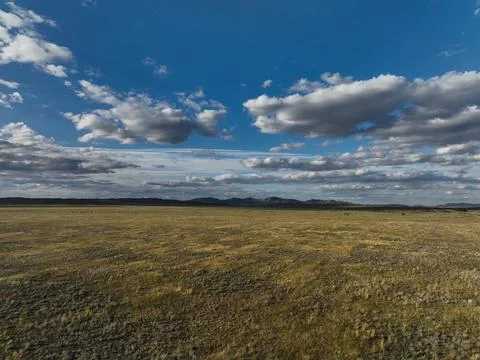 A wide open grassy plain extends toward a faint mountain range under a vast sky Stock Photos