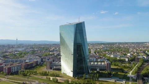Wide orbit around ECB complex above the Main River Stock Footage 331874021