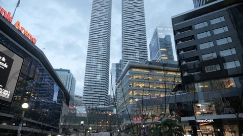 Wide Pan of Maple Leafs Square to Front Entrance of Scotiabank Arena Revealing Stock Footage 92778379