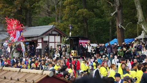 Wide Pan over Huge Crowd of Festival Goers, Japanese at Sagicho Matsuri Float Stock Footage 333485335