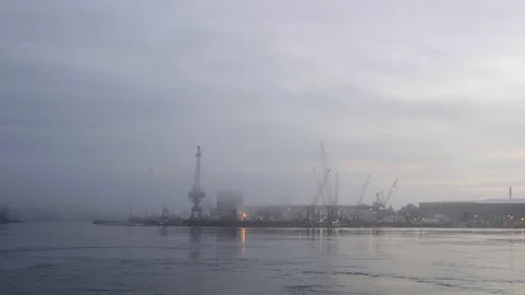 Wide pan shipyard Stock Footage 91362763