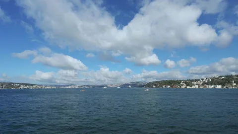 Wide pan shot from Bosphorus on empty tanker in Turkey Stock Footage 150044335