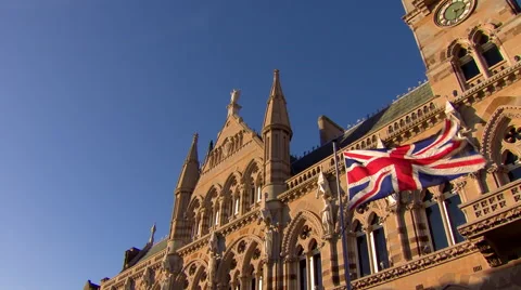 Wide Pan of Union Jack and Guildhall Stock Footage 61641157