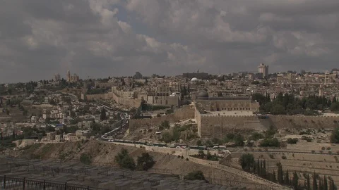 Wide pan of Wall around Old City and Temple Mount in Jerusalem Stock Footage 86759386