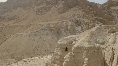 Wide panning shot of cave 4Q at qumran in israel Stock Footage