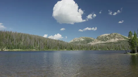 Wide panning shot of remote mountain lake / Mirror Lake, Utah, United States Stock Footage 68220028