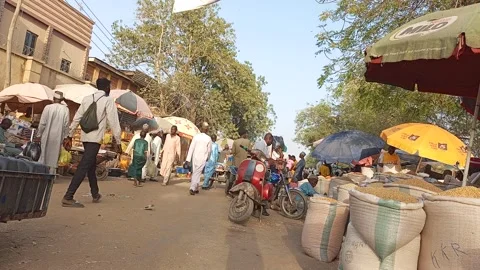 Wide Panning View Of Commodity Market Cereals Fruits Vegetables Kano Nigeria 動画素材 330590936
