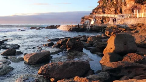 Wide panorama of Bronte beach in Sydney from rock pool to waves – 4k. Stock Footage 137393154