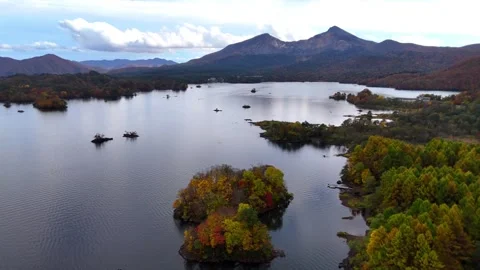 Wide Panorama Lake Hibara Mt Bandai Autumn Stock Footage 329053804