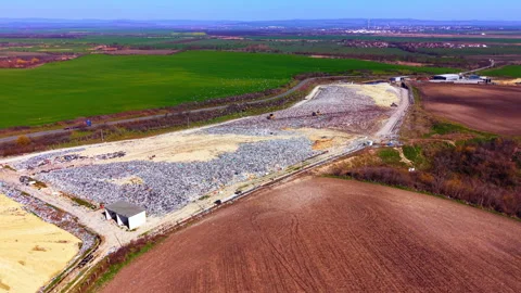Wide panorama of open air refuse dump layout, Bulgaria Video stock 335690343