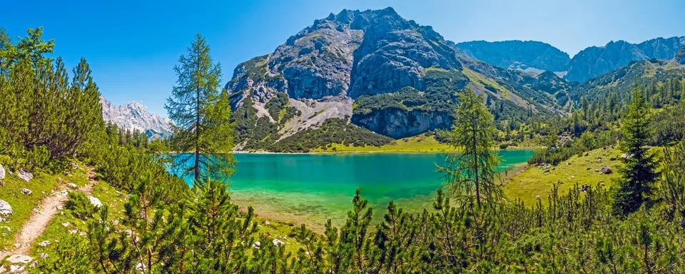 Wide panorama of Seebensee in the Mieming range Tyrol Austria Foto stock
