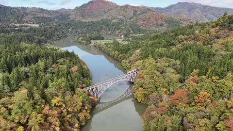 Wide Panorama | Tadami Line | Autumn River Gorge - 4K Aerial Video Stock Footage 329053300