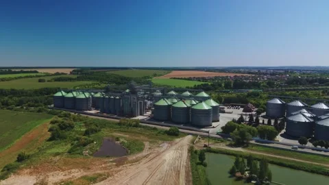 Wide panoramic aerial view of big industrial grain elevator complex Stock Footage 341284507