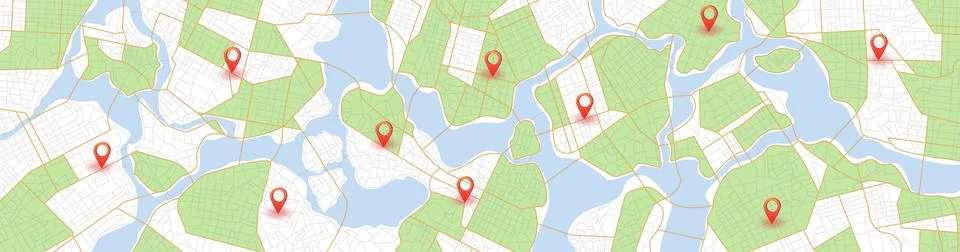 Wide panoramic city map with river and multiple red location pins. Vector Stock Illustration