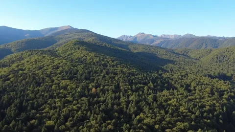 Wide panoramic drone shot of a massive green mountain range and clear sky. Stock Footage 345327550