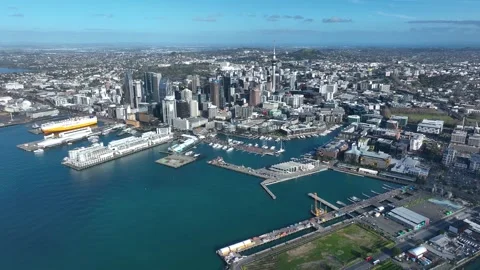 Wide Panoramic Flight Over Auckland and Auckland Bay, New Zealand Stock Footage 296368257