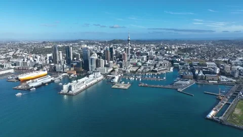 Wide Panoramic Flight Over Auckland and Auckland Bay, New Zealand Stock Footage 334520752