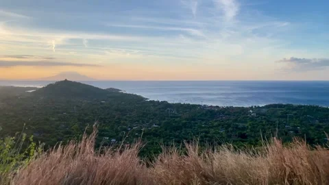 Wide Panoramic Landscape Green Valley and Ocean View Bali Stock Footage 335941297