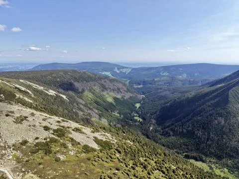 Wide panoramic mountain valley with forested slopes under clear sky Stock Photos