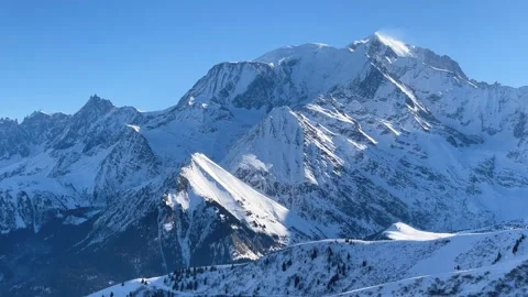 Wide, panoramic shots of the snow-covered peaks of the Mont Blanc Massif under Stock Footage 346687883