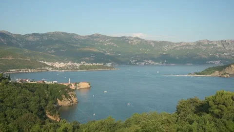 Wide panoramic view of Budva Bay, Budva Old Town and Adriatic coast in Mont.. Stock Footage 341869981