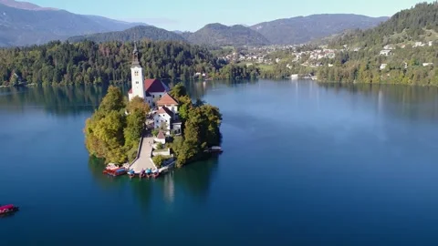 Wide panoramic view of Lake Bled and surrounding hills Stock Footage 324712152