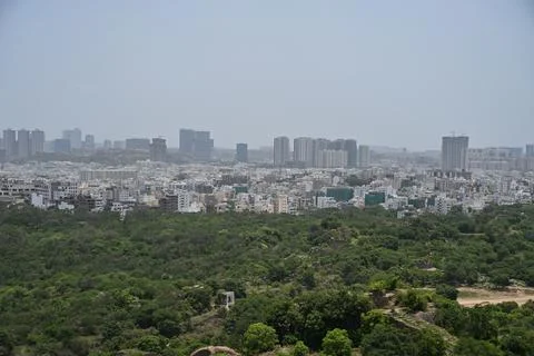 Wide Panoramic View of Modern Cityscape Surrounded by Green Tree Canopy Stock Photos