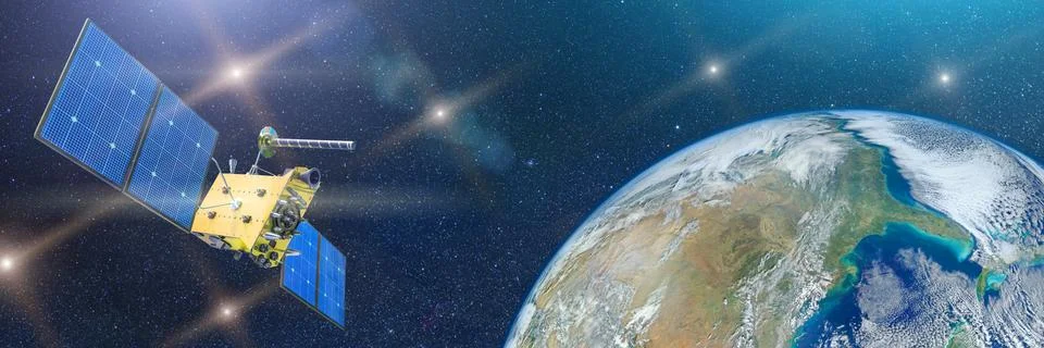 Wide panoramic view of outer space with planet earth and communication satell Stock Photos
