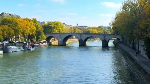 Wide panoramic view of the Pont Marie bridge over the Seine in Paris, France Stock Footage 330876252