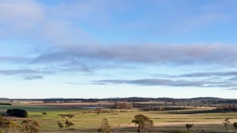 Wide Panoramic View of Rural Australian Outback Countryside and Farm Fields Video stock 345012556