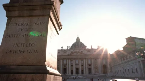 Wide panoramic view of Saint Peter Basilica and the obelisk in St. Peter Square Stock Footage 155730834
