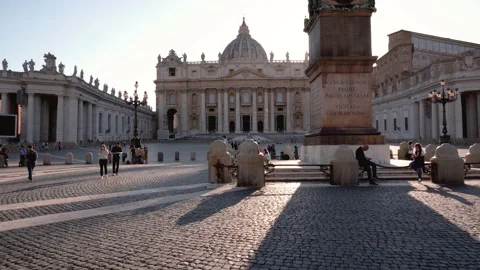 Wide panoramic view of Saint Peter Basilica and the obelisk in St. Peter Square Stock Footage 155731467
