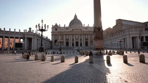 Wide panoramic view of Saint Peter Basilica and the obelisk in St. Peter Square Stock Footage 155731536