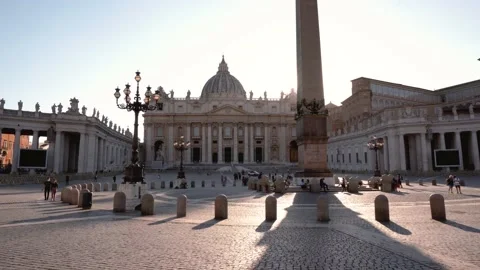 Wide panoramic view of Saint Peter Basilica and the obelisk in St. Peter Square Video stock 155732017