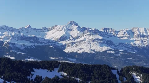 Wide panoramic view of the snow-covered Alps with dramatic mountain peaks Stock Footage 346724080
