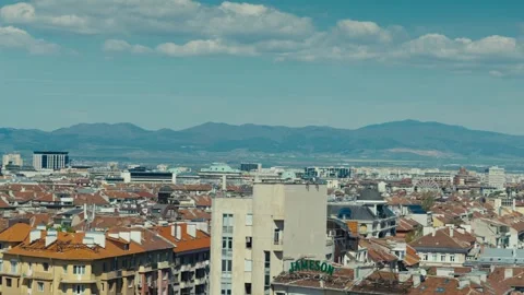 Wide Panoramic View of Sofia City Skyline with Alexander Nevsky Cathedral Domes Stock-Footage 343085626