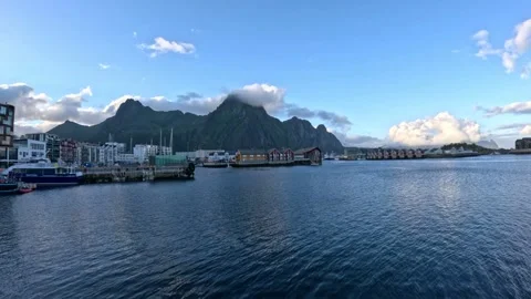 Wide panoramic view of Svolvaer harbour and mountains in Lofoten Norway Stock-Footage 343834175
