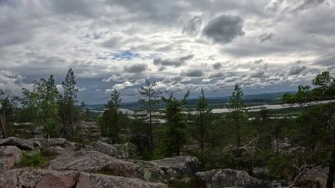 Wide panoramic view of Tornio river valley from rocky summit of Aavasaksa hill 動画素材 340653418
