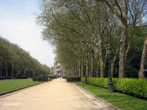 A wide path for walking in the park between the trees to the building Fotos de archivo