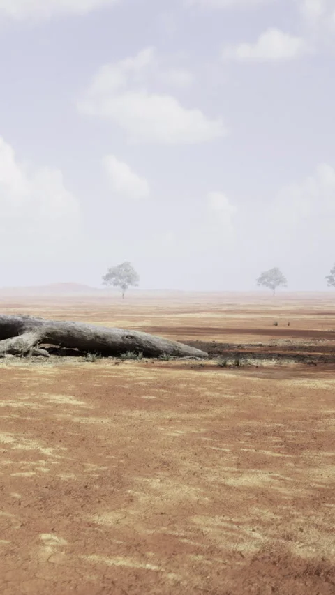 Wide plain with dry earth and few trees in the distance under cloudy sky Stock Footage 332226914