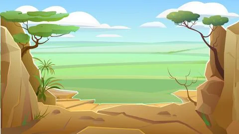 Wide plain. Fields and meadows in distance. Stone cliffs and stones of mounta Stock Illustration