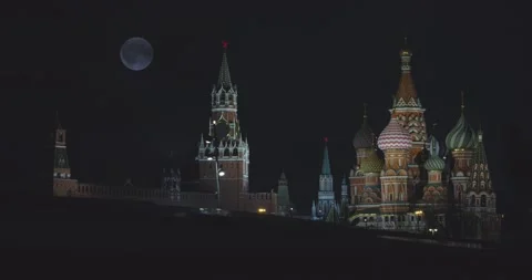 Wide plan of Red Square at night. Full moon in dark sky Stock Footage 131059997