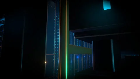 Wide precise cinematic focus push penetrating a massive data center, 4K Stock Footage 338214777