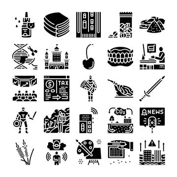 Wide range of black icon glyphs on white background Stock Illustration