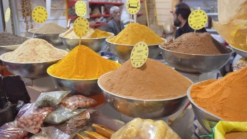 Wide range of spices at the Grand Bazaar, Isfahan, Iran Stock Footage 99965526