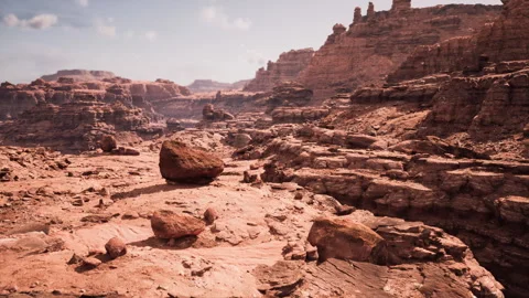 Wide red rock formation showcasing deep valleys and high mesas Stock Footage 331531993