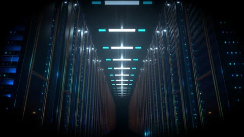 Wide reverse tracking pull-back shot exiting a massive data center, 4K 動画素材 338215573